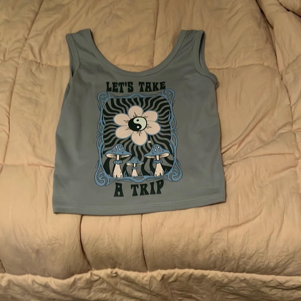 “Let’s take a trip” shroom and yin-yang sign. Blue obsessive love, crop top